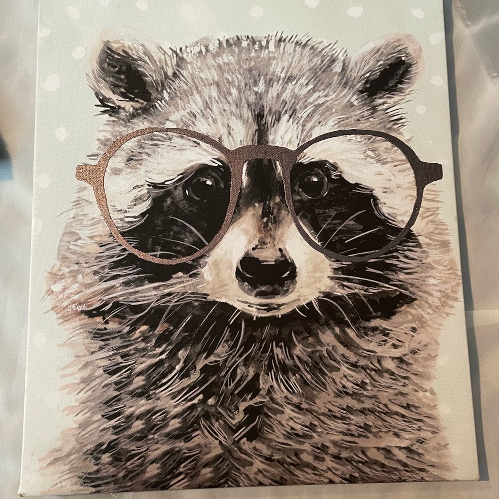 Canvas print cute raccoon with glasses 14 x10 inches